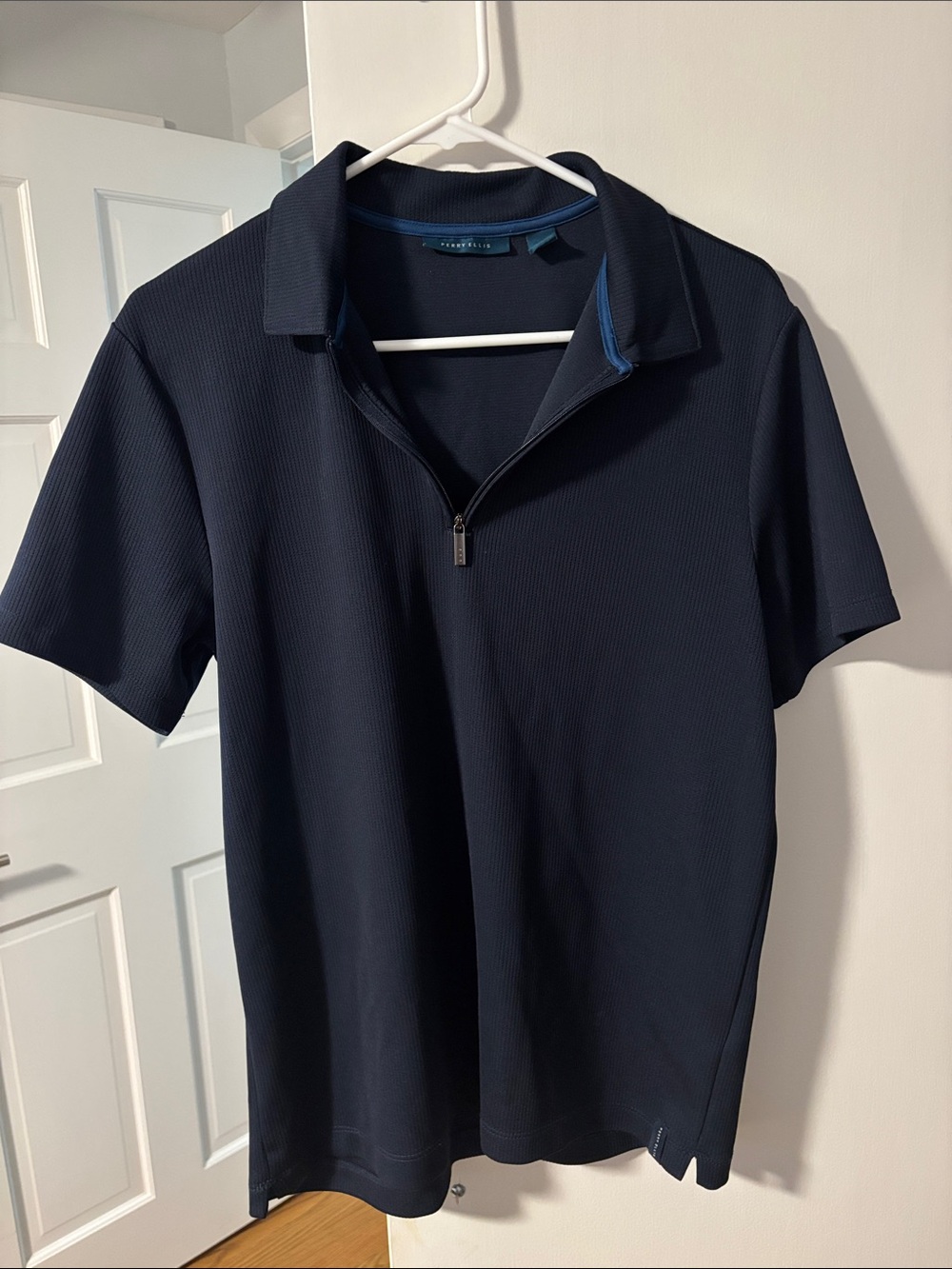 Perry Ellis Men's Navy Short-Sleeve Zip Polo